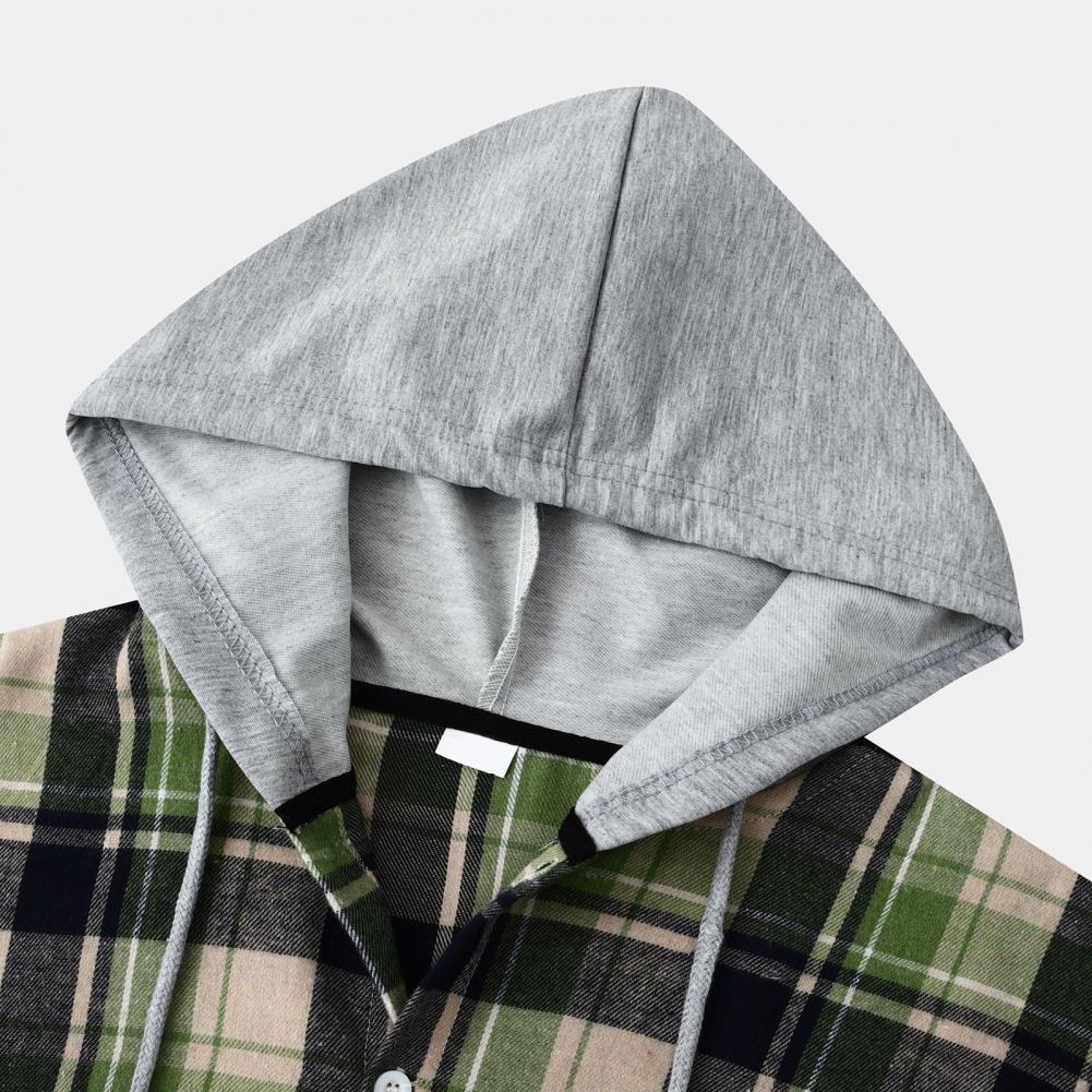 Men Plaid Splicing Hoodie Mens Fashion Streetwear Classic Flannel Long Sleeve Hooded Shirts