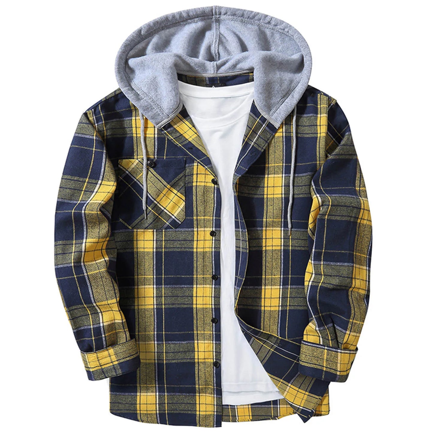 Mens Spring Autumn Plaid Print Hooded Shirts Mens Casual Loose flannel Long Sleeve Shirts Street Shirts Coats