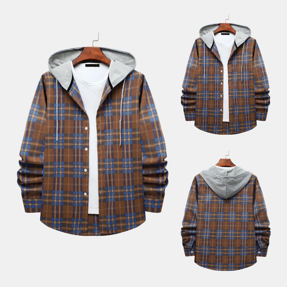 Men Plaid Splicing Hoodie Mens Fashion Streetwear Classic Flannel Long Sleeve Hooded Shirts