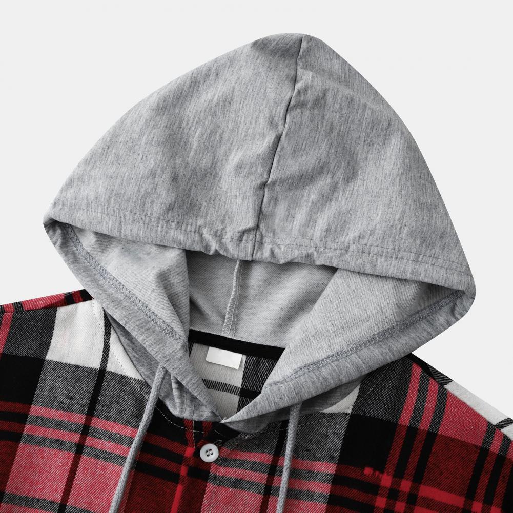 Men Plaid Splicing Hoodie Mens Fashion Streetwear Classic Flannel Long Sleeve Hooded Shirts