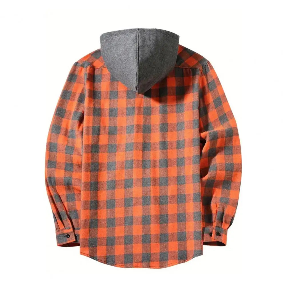 Men Warm Flannel Shirt Men's Plaid Print Hooded Shirt Coat for Daily Wear School Long Sleeves Drawstring