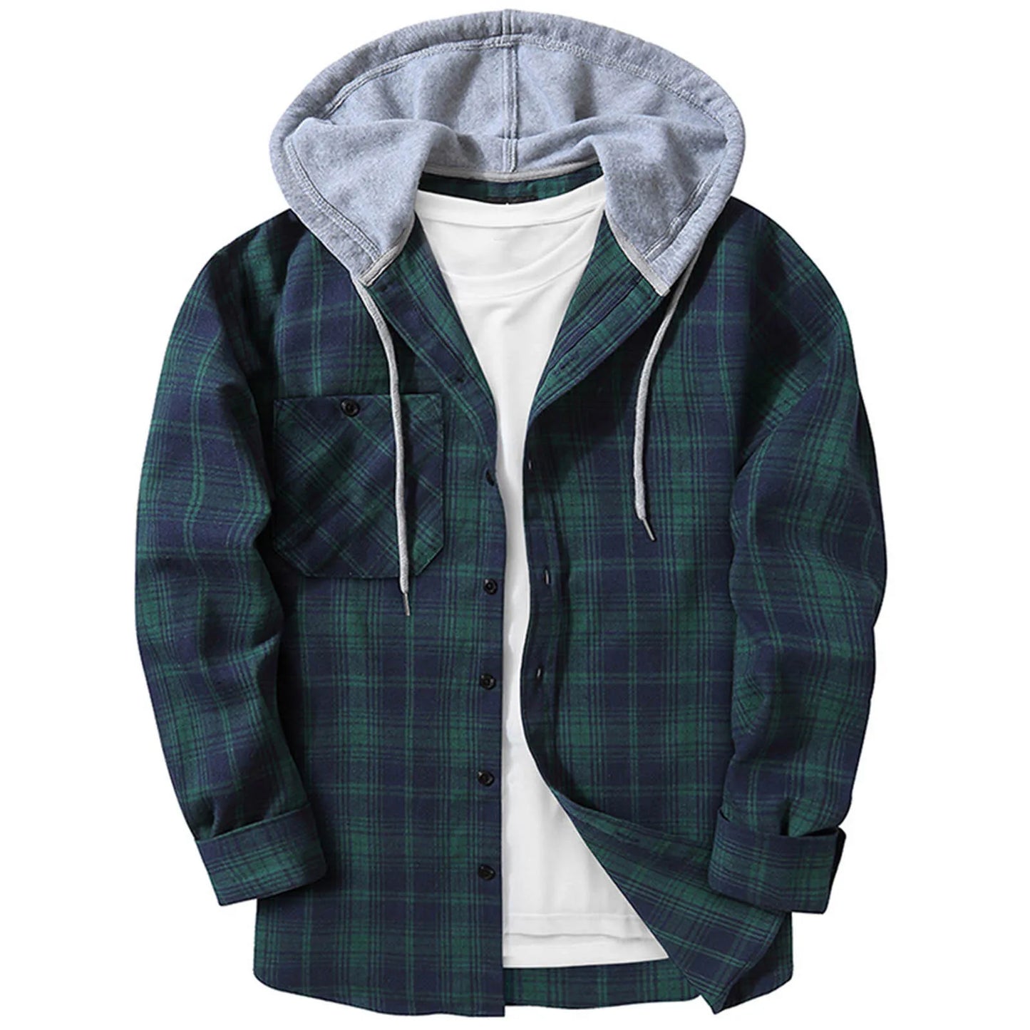 Mens Spring Autumn Plaid Print Hooded Shirts Mens Casual Loose flannel Long Sleeve Shirts Street Shirts Coats