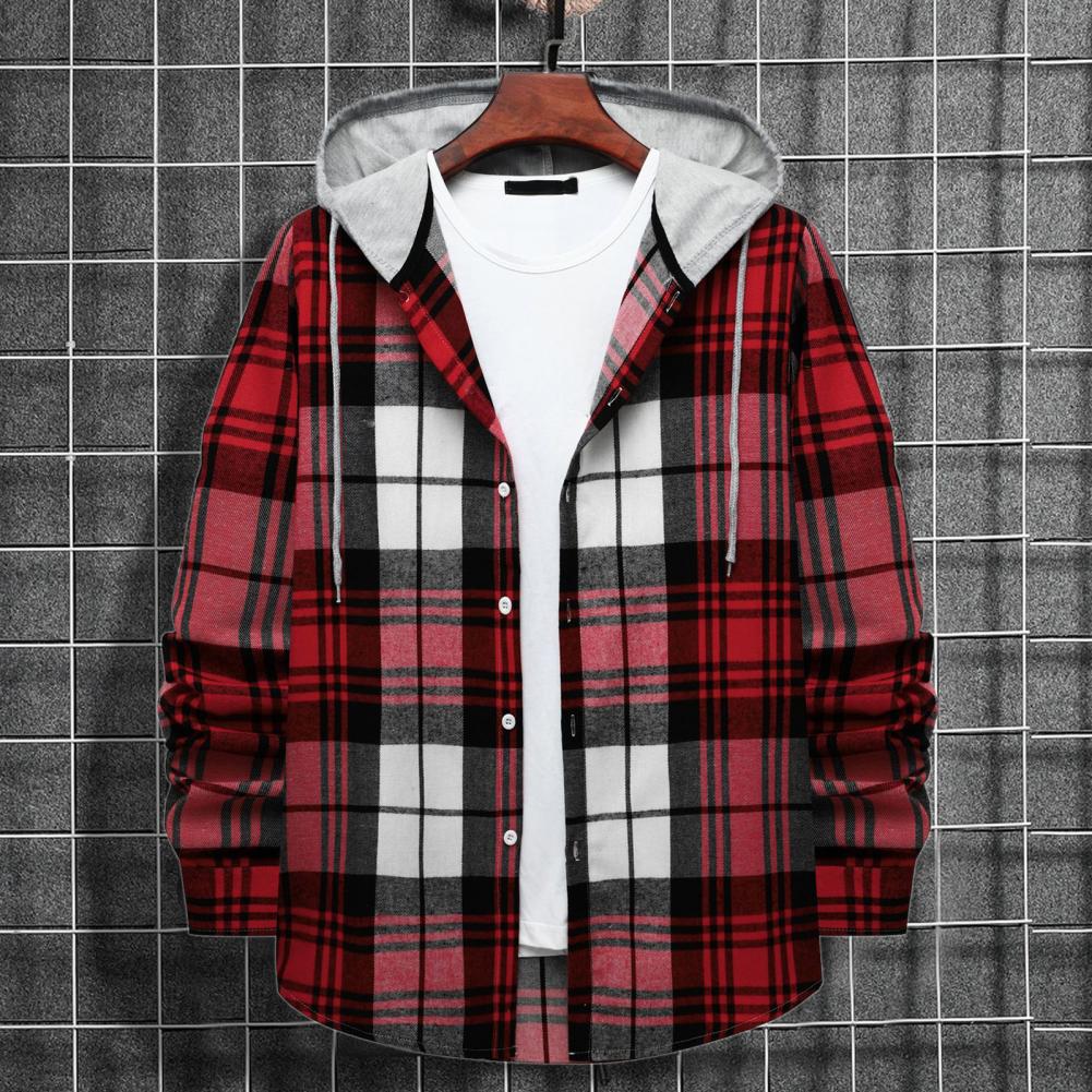 Men Plaid Splicing Hoodie Mens Fashion Streetwear Classic Flannel Long Sleeve Hooded Shirts