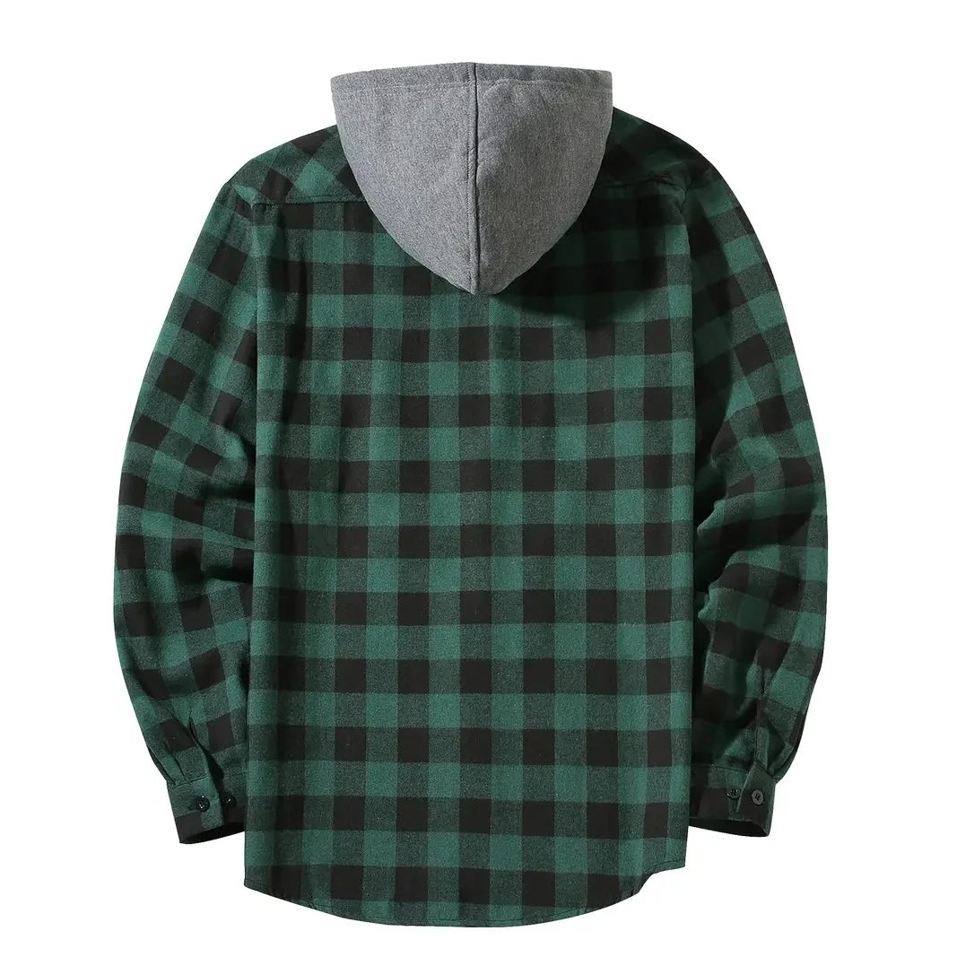 Men's Shirts Classic Plaid Casual Button Down Hooded Long Sleeved Double Pockets Shirt Hoodie Flannel Jacket