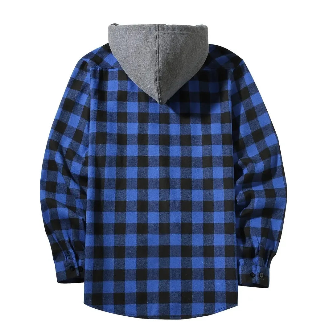 Men's Shirts Classic Plaid Casual Button Down Hooded Long Sleeved Double Pockets Shirt Hoodie Flannel Jacket