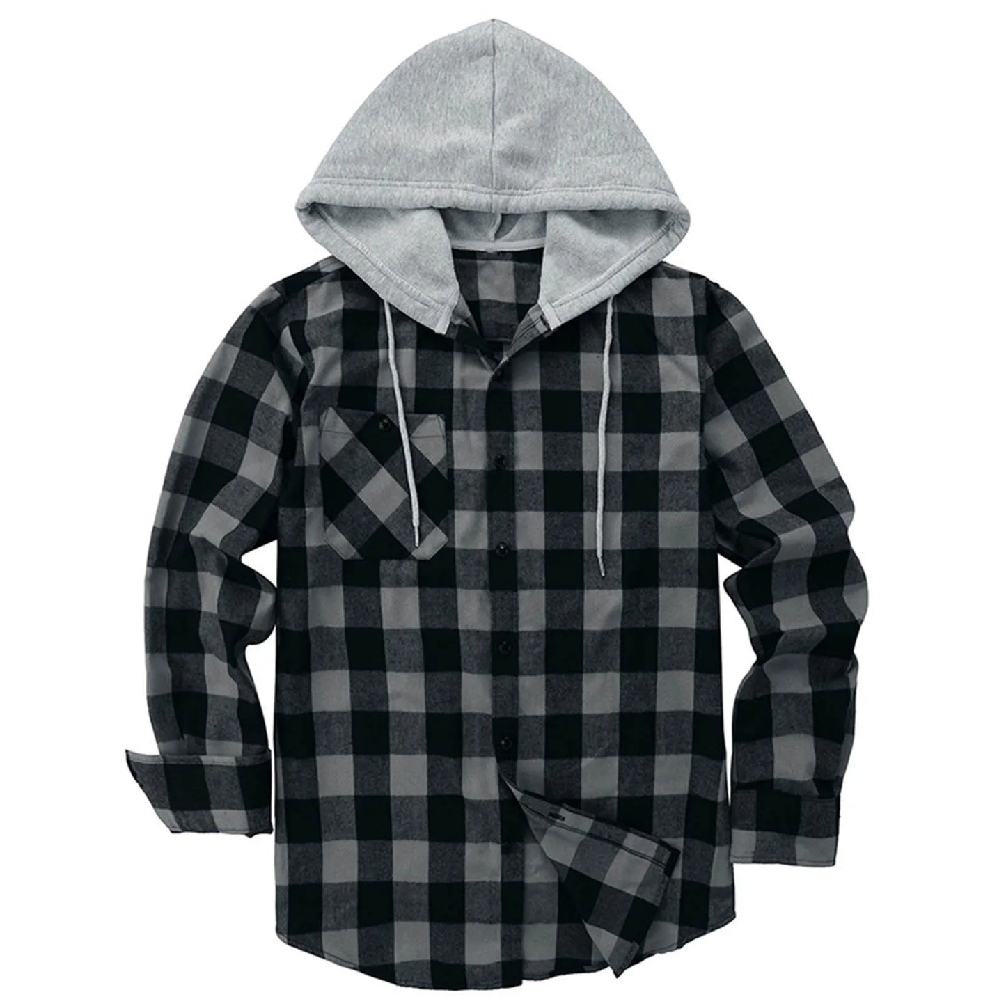 Mens Spring Autumn Plaid Print Hooded Shirts Mens Casual Loose flannel Long Sleeve Shirts Street Shirts Coats