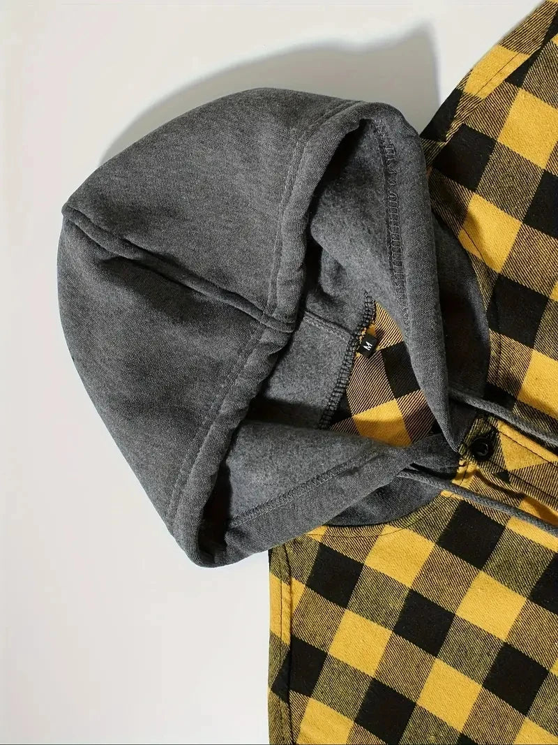 Men's Shirts Classic Plaid Casual Button Down Hooded Long Sleeved Double Pockets Shirt Hoodie Flannel Jacket