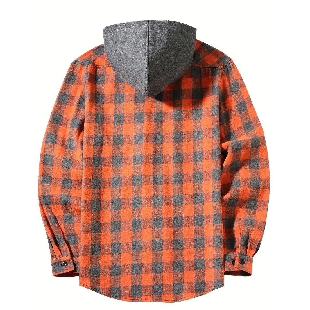 Men's Shirts Classic Plaid Casual Button Down Hooded Long Sleeved Double Pockets Shirt Hoodie Flannel Jacket