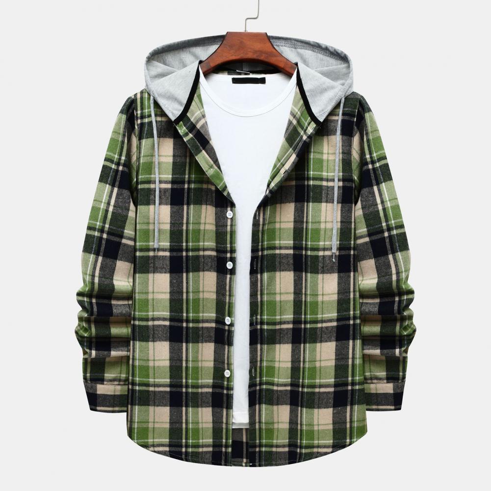 Men Plaid Splicing Hoodie Mens Fashion Streetwear Classic Flannel Long Sleeve Hooded Shirts