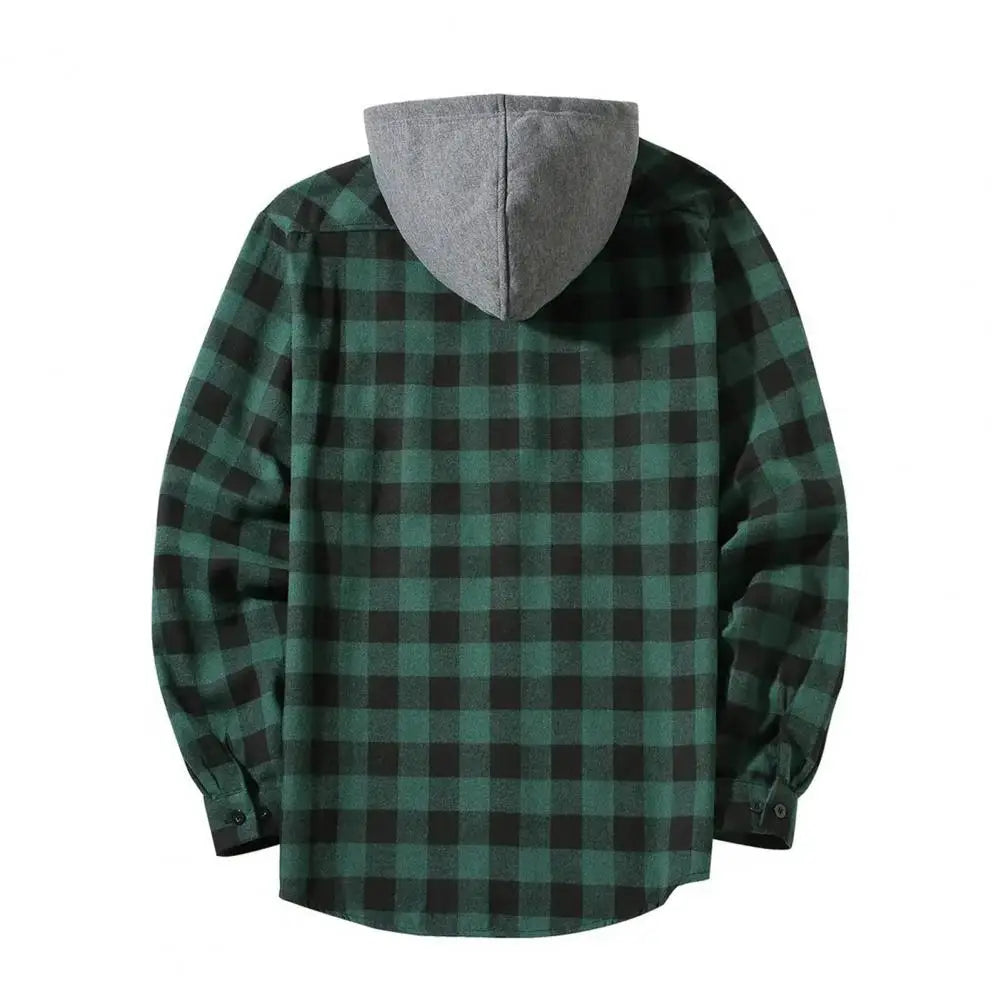 Men Warm Flannel Shirt Men's Plaid Print Hooded Shirt Coat for Daily Wear School Long Sleeves Drawstring