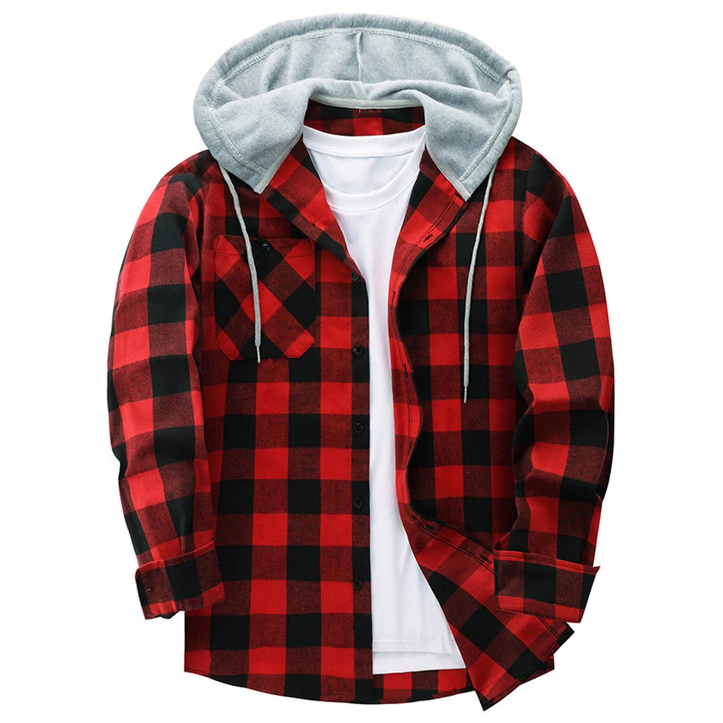 Mens Spring Autumn Plaid Print Hooded Shirts Mens Casual Loose flannel Long Sleeve Shirts Street Shirts Coats