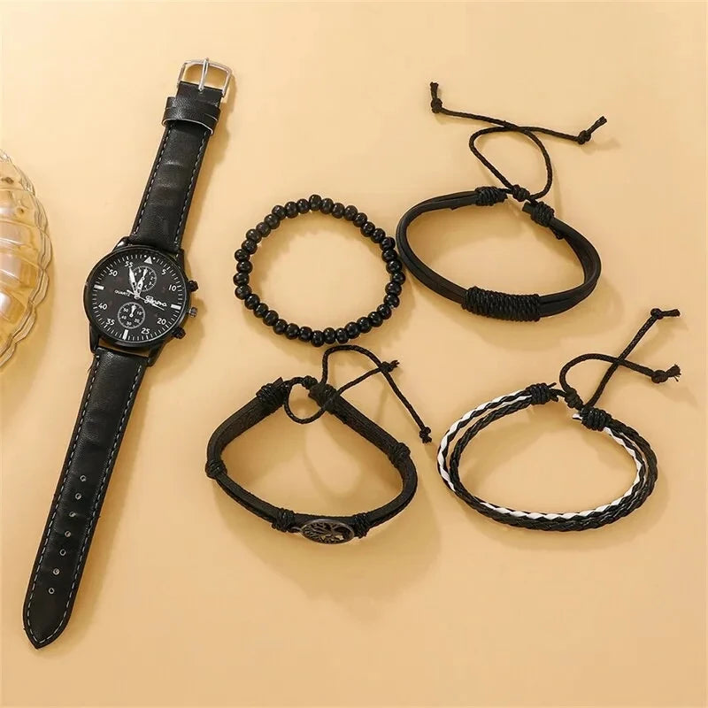 5PCS Set Fashion Mens Business Watches For Men Black Tree of Life Hand Rope Luxury Man Sport Casual Quartz Watch