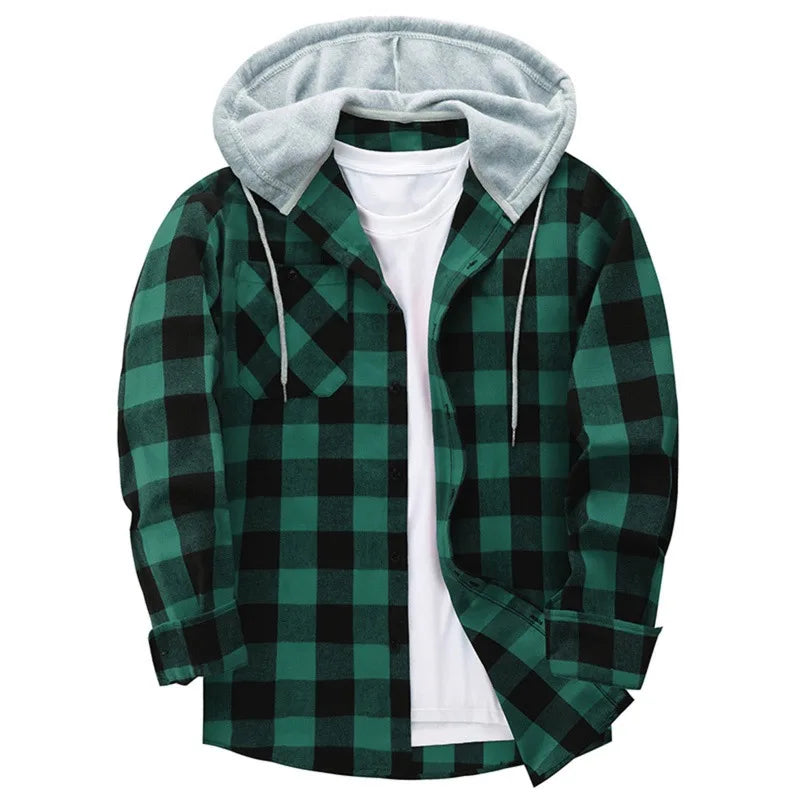 Mens Spring Autumn Plaid Print Hooded Shirts Mens Casual Loose flannel Long Sleeve Shirts Street Shirts Coats