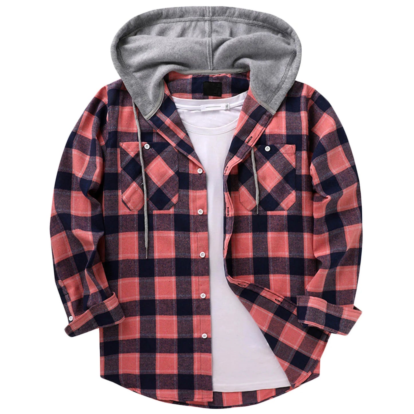 Mens Spring Autumn Plaid Print Hooded Shirts Mens Casual Loose flannel Long Sleeve Shirts Street Shirts Coats