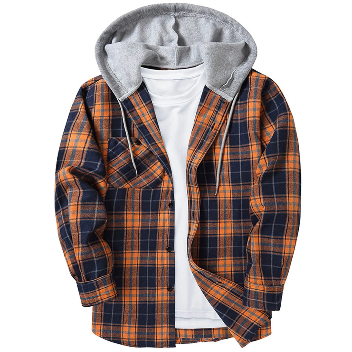 Mens Spring Autumn Plaid Print Hooded Shirts Mens Casual Loose flannel Long Sleeve Shirts Street Shirts Coats