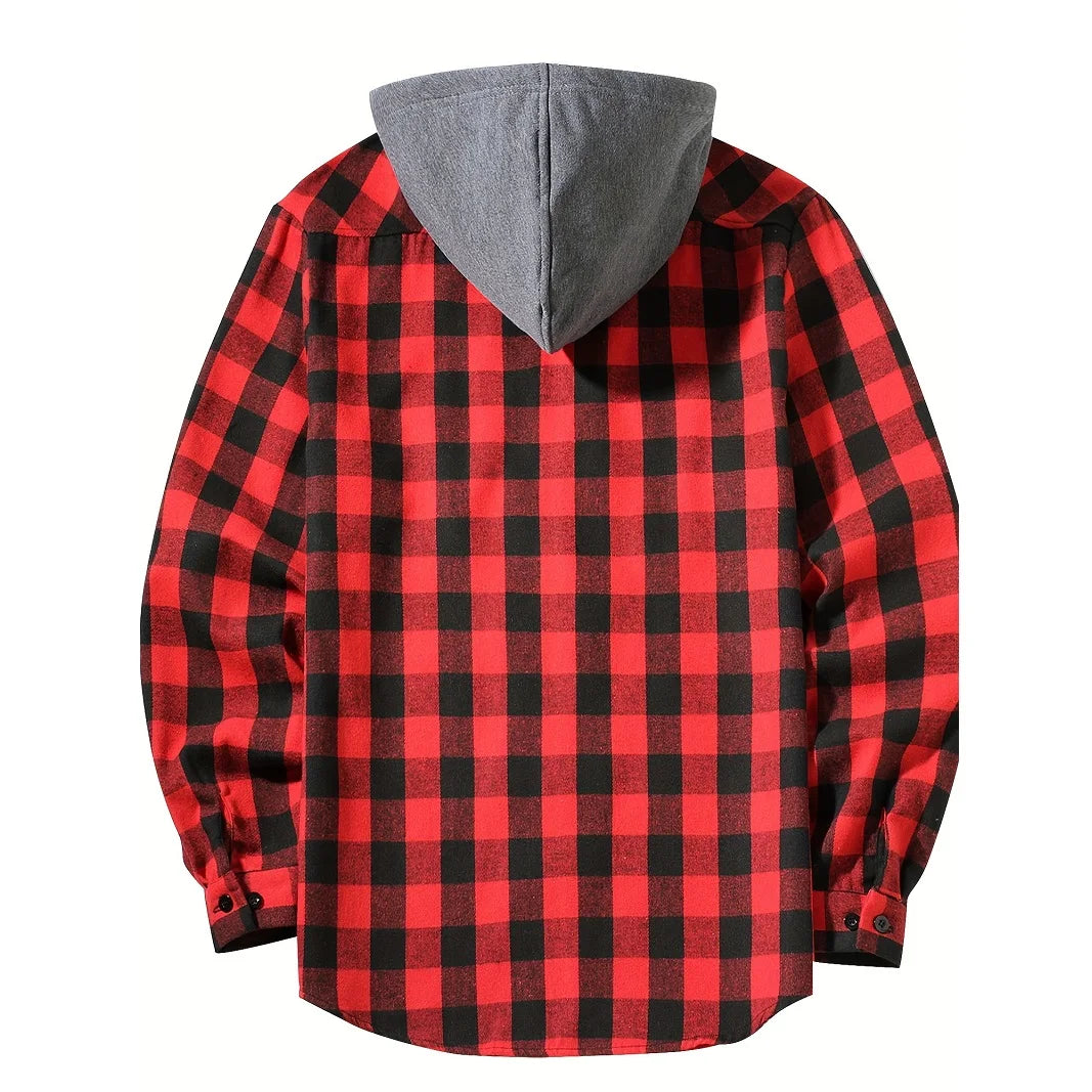 Men's Shirts Classic Plaid Casual Button Down Hooded Long Sleeved Double Pockets Shirt Hoodie Flannel Jacket