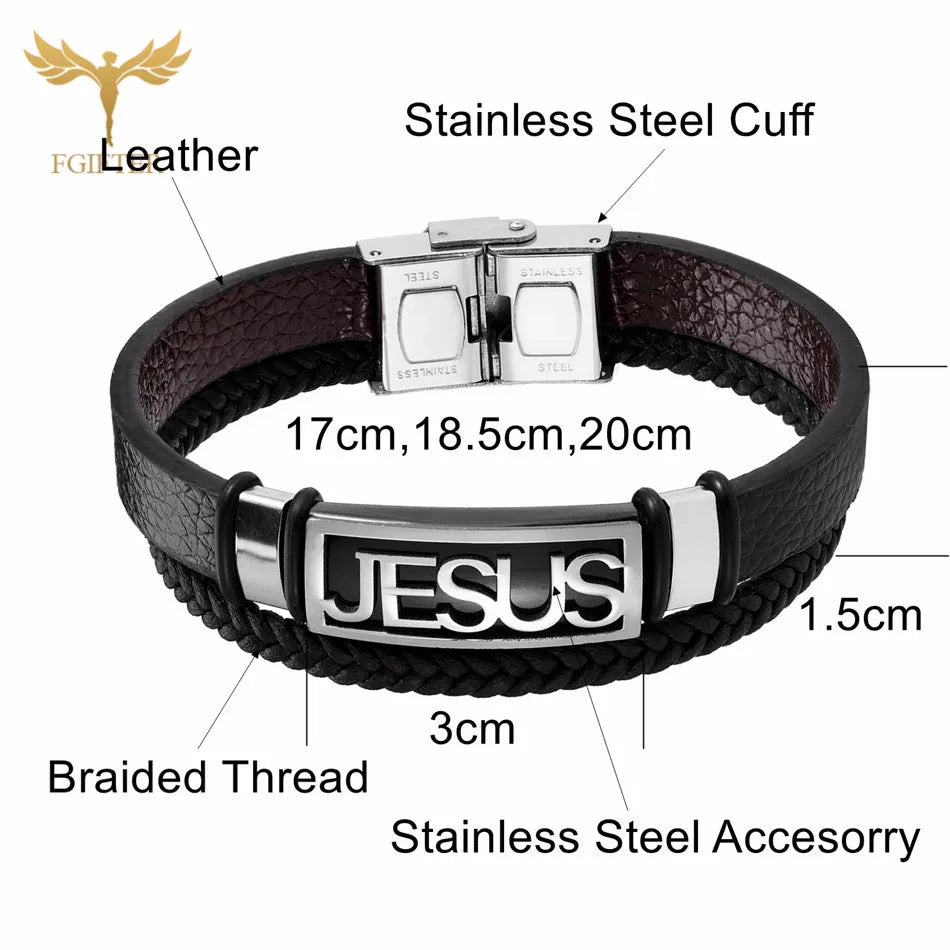 Christian Jesus Cross Stainless Steel Leather Bracelets for Men Women Multi Layer Weave Leather Jewellery Clasp Cuff Bangle