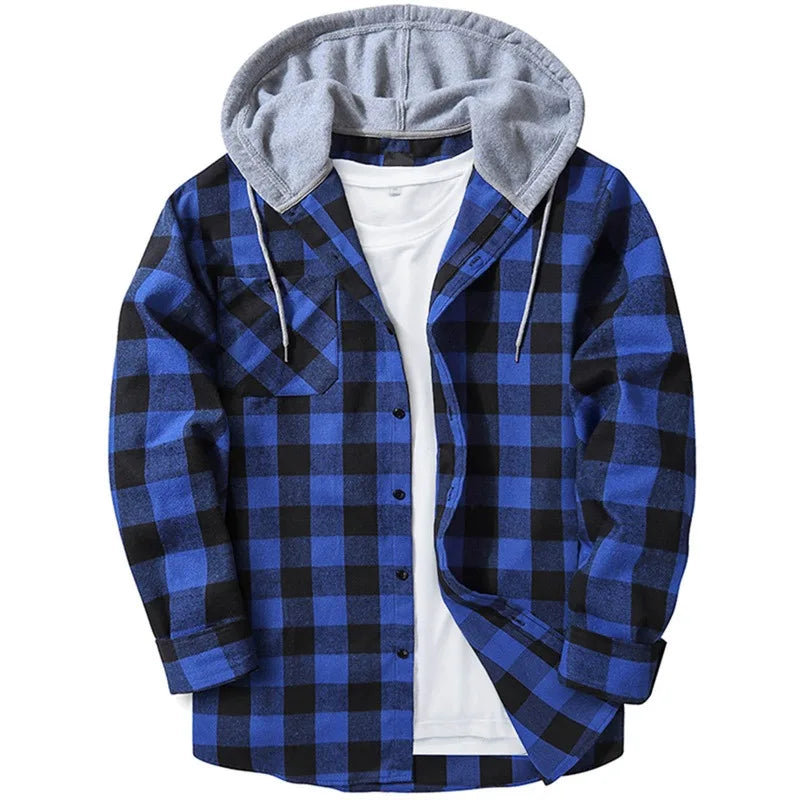 Mens Spring Autumn Plaid Print Hooded Shirts Mens Casual Loose flannel Long Sleeve Shirts Street Shirts Coats