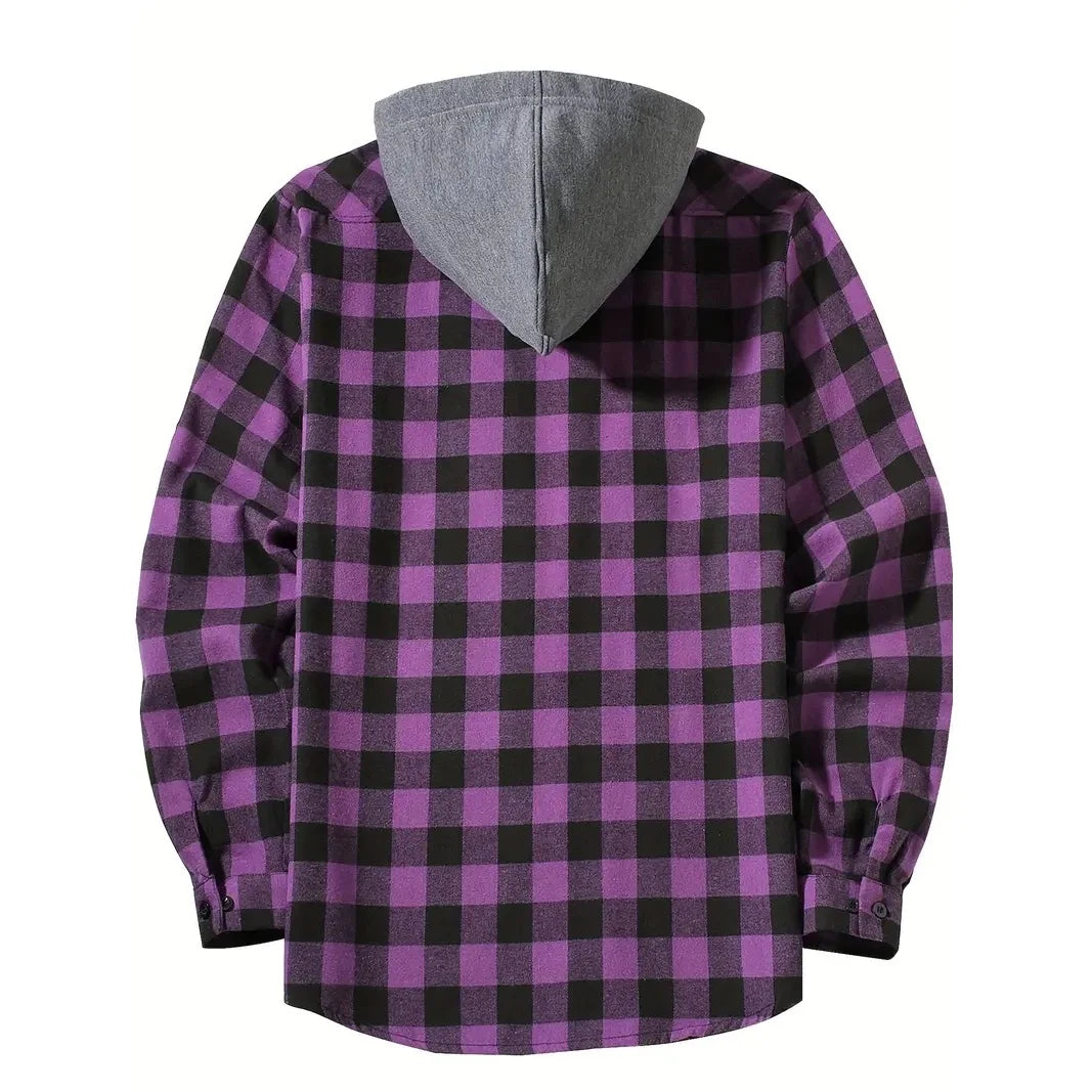 Men's Shirts Classic Plaid Casual Button Down Hooded Long Sleeved Double Pockets Shirt Hoodie Flannel Jacket