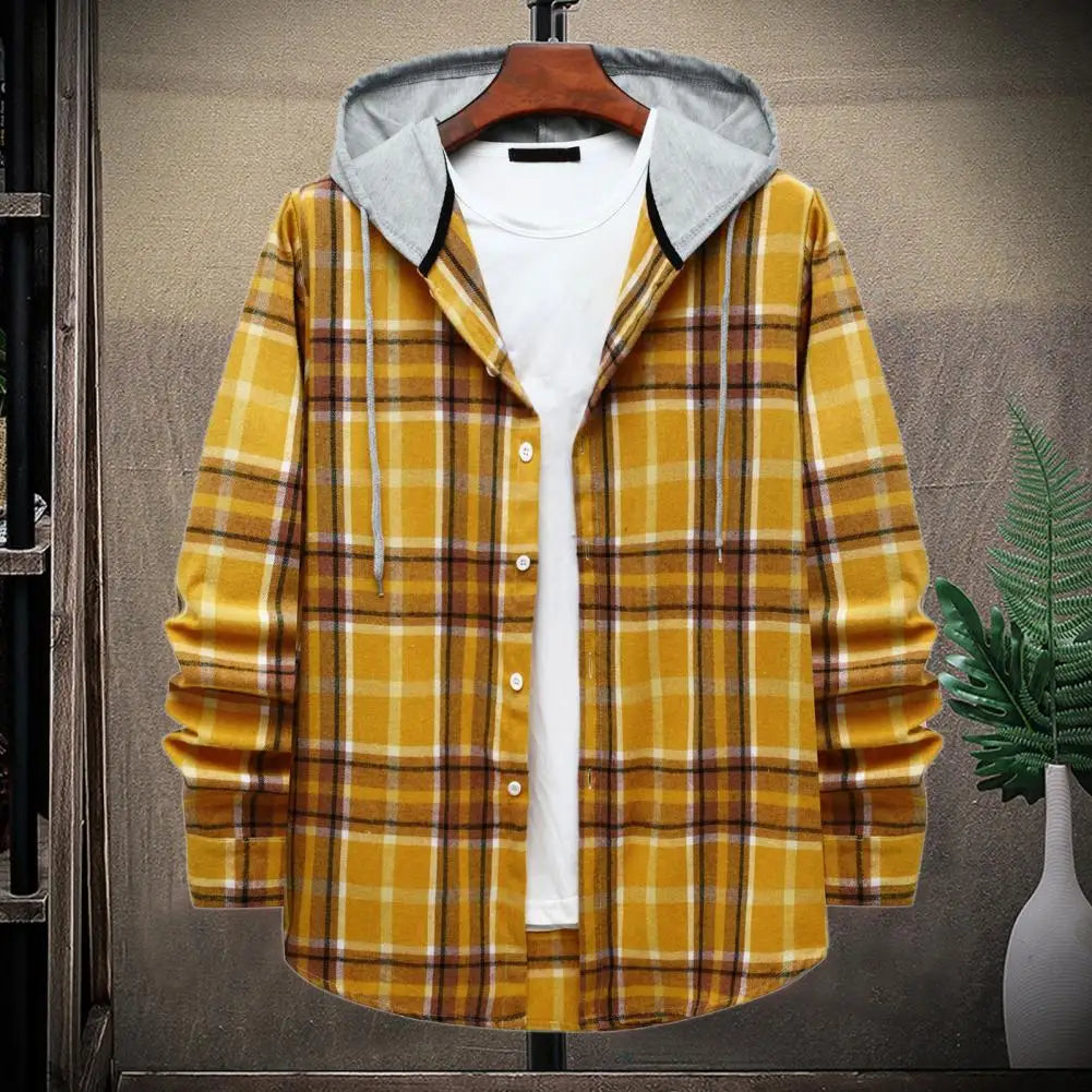 Men Plaid Splicing Hoodie Mens Fashion Streetwear Classic Flannel Long Sleeve Hooded Shirts