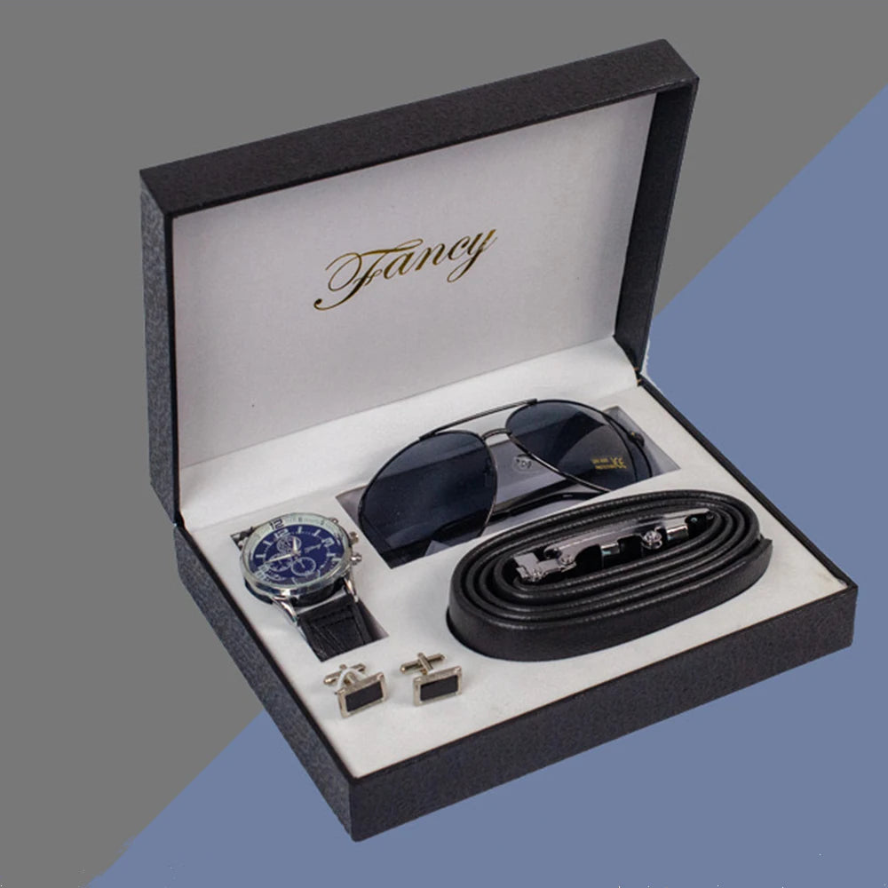 Men's Watches Business Gift Set Men Quartz Watch Sunglasses Belt Cufflinks Set For Men Husband Father‘s Day Birthday Gift + Box