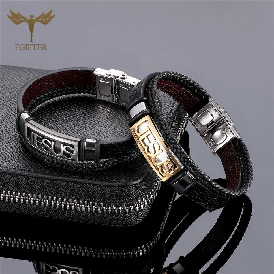 Christian Jesus Cross Stainless Steel Leather Bracelets for Men Women Multi Layer Weave Leather Jewellery Clasp Cuff Bangle