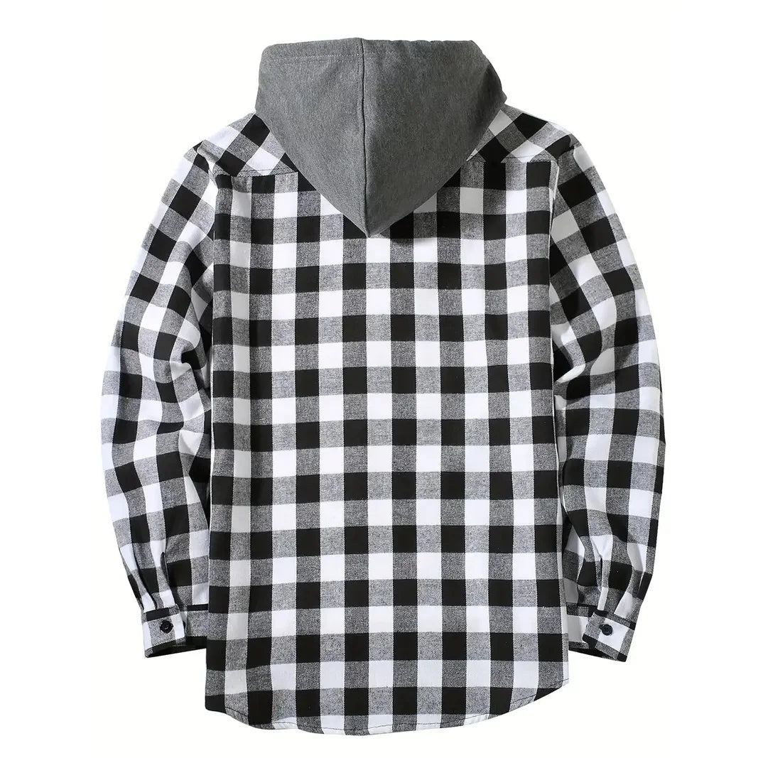 Men's Shirts Classic Plaid Casual Button Down Hooded Long Sleeved Double Pockets Shirt Hoodie Flannel Jacket