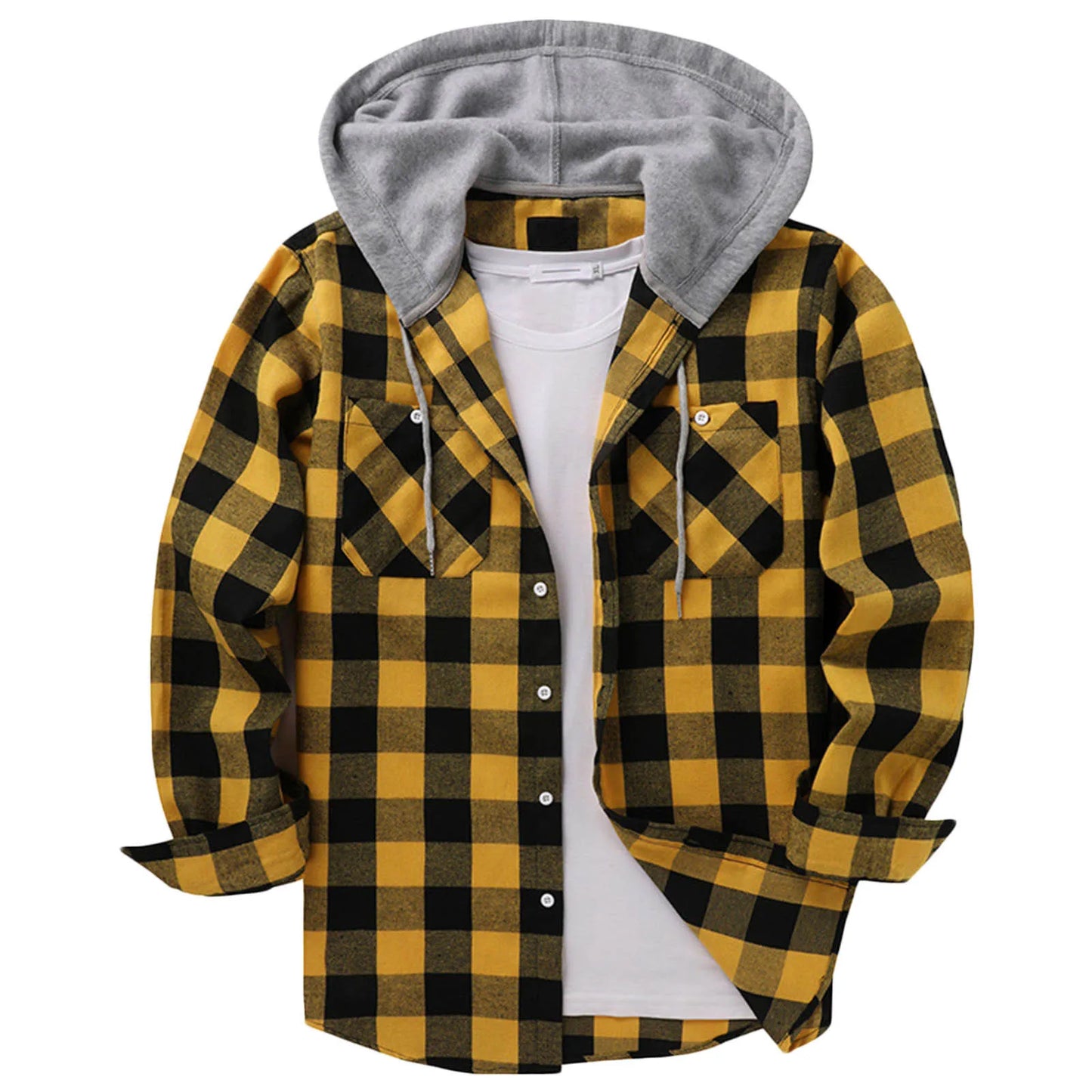 Mens Spring Autumn Plaid Print Hooded Shirts Mens Casual Loose flannel Long Sleeve Shirts Street Shirts Coats