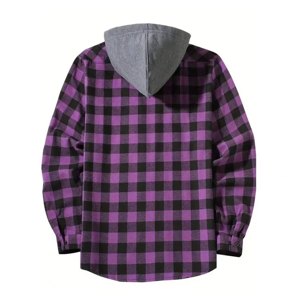 Men Warm Flannel Shirt Men's Plaid Print Hooded Shirt Coat for Daily Wear School Long Sleeves Drawstring