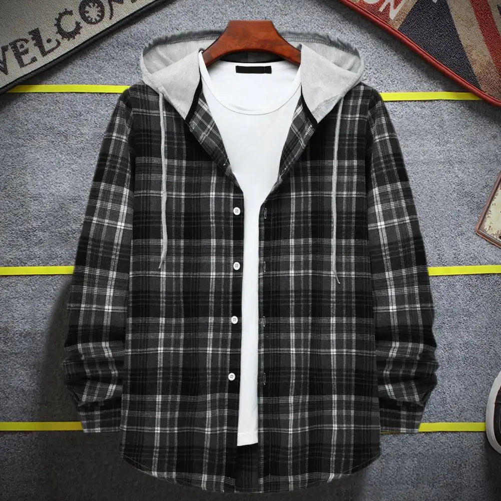 Men Plaid Splicing Hoodie Mens Fashion Streetwear Classic Flannel Long Sleeve Hooded Shirts