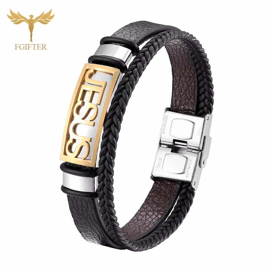 Christian Jesus Cross Stainless Steel Leather Bracelets for Men Women Multi Layer Weave Leather Jewellery Clasp Cuff Bangle