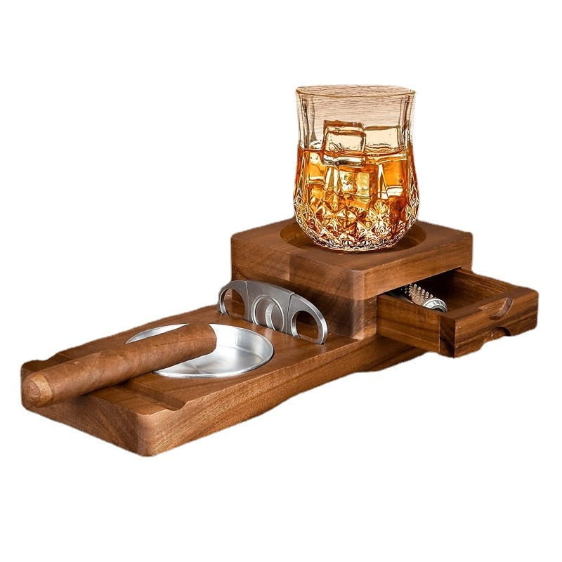Wooden Cigar Ashtray & Beverage Holder, Solid Wood Coaster for your Whiskey, Cigar & Lighter