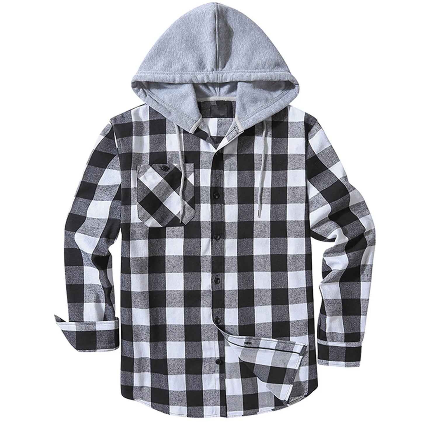 Mens Spring Autumn Plaid Print Hooded Shirts Mens Casual Loose flannel Long Sleeve Shirts Street Shirts Coats