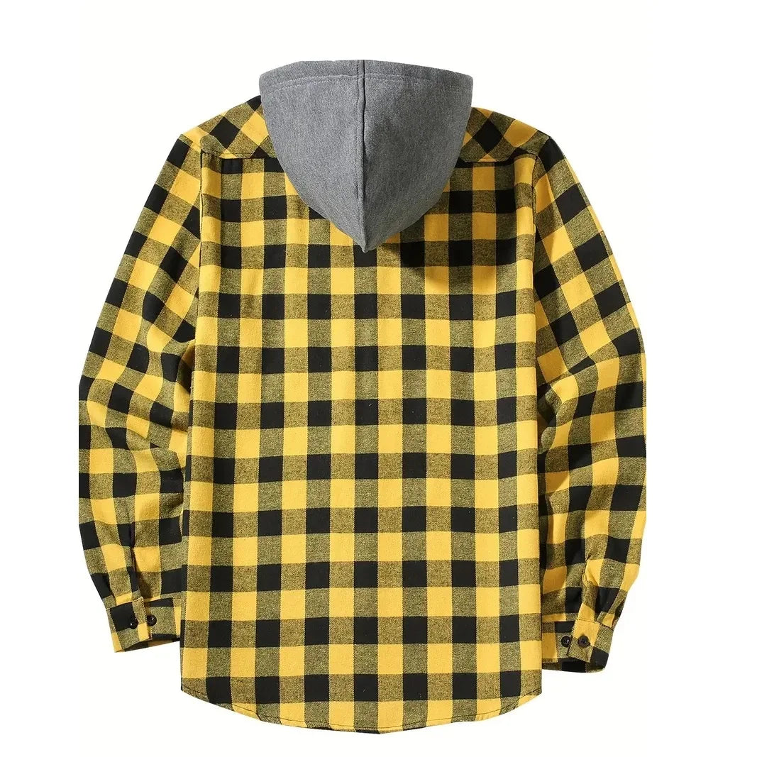 Men's Shirts Classic Plaid Casual Button Down Hooded Long Sleeved Double Pockets Shirt Hoodie Flannel Jacket