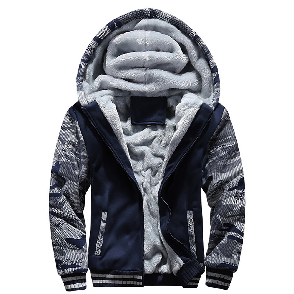 Men's Camouflage Thick Fleece Winter Jackets - Long Sleeve Coat Man Casual Hoodie Streetwear