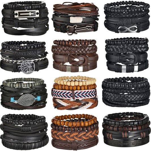 3 & 4 Piece Sets of Braided Wrap Leather Bracelet for Men, Vintage, Life Tree, Guitar and Wood Bead Wristband